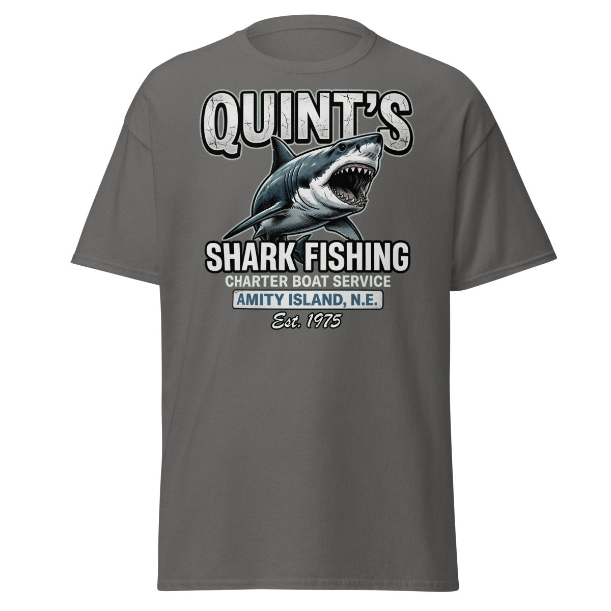 Quint's Shark Fishing Jaws T-Shirt - Amity Island Charter - Charcoal - TeeRipple