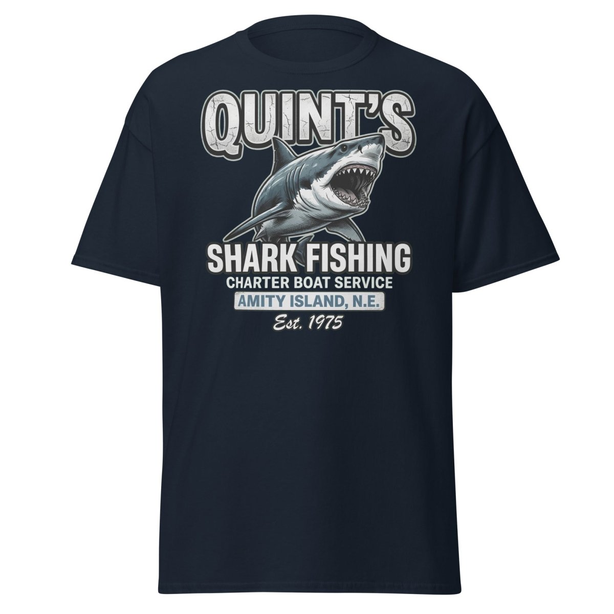 Quint's Shark Fishing Jaws T-Shirt - Amity Island Charter - Navy - TeeRipple