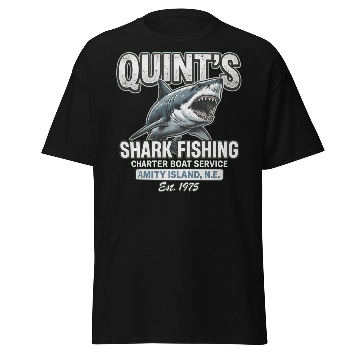 Quint's Shark Fishing Jaws T-Shirt - Amity Island Charter - Black - TeeRipple