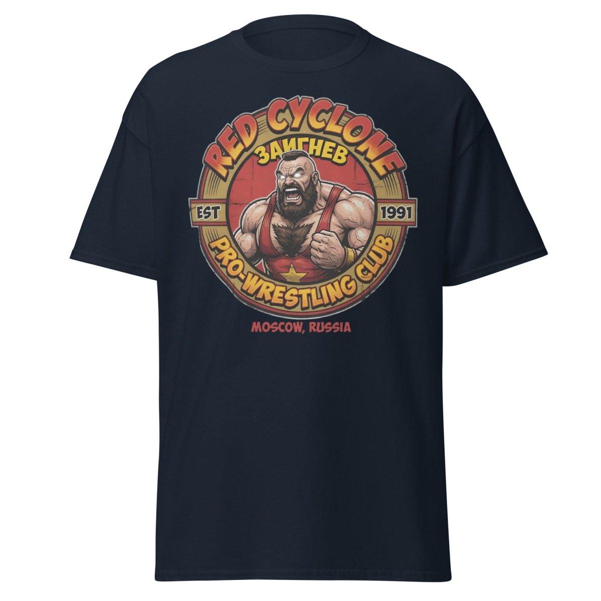 Red Cyclone Pro Wrestling T-Shirt - Moscow 1991 - Navy - TeeRipple