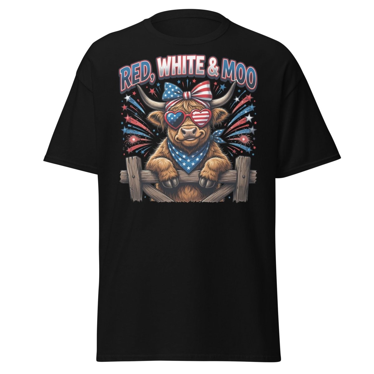 Red, White & Moo Highland Cow T-Shirt | Patriotic 4th of July Tee - Black - TeeRipple