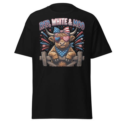 Red, White & Moo Highland Cow T-Shirt | Patriotic 4th of July Tee - Black - TeeRipple