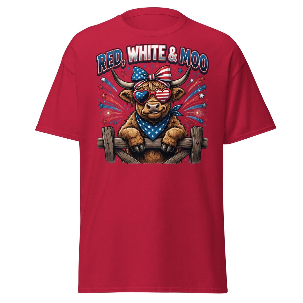 Red, White & Moo Highland Cow T-Shirt | Patriotic 4th of July Tee - Cardinal - TeeRipple