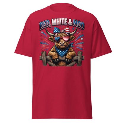 Red, White & Moo Highland Cow T-Shirt | Patriotic 4th of July Tee - Cardinal - TeeRipple
