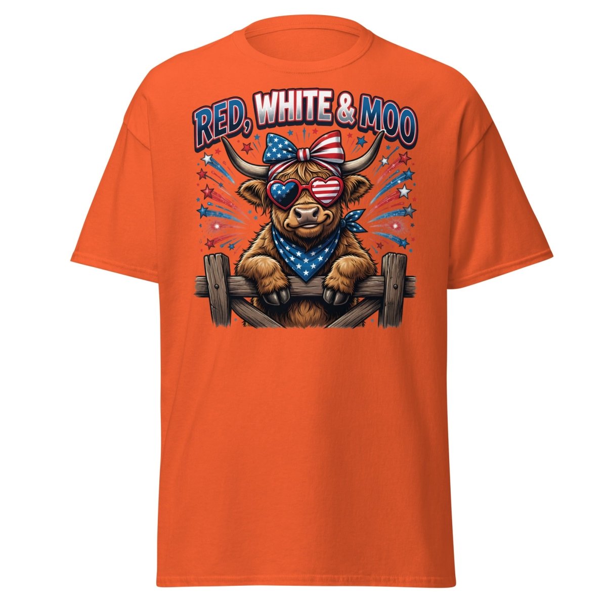 Red, White & Moo Highland Cow T-Shirt | Patriotic 4th of July Tee - Orange - TeeRipple