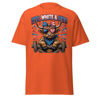 Red, White & Moo Highland Cow T-Shirt | Patriotic 4th of July Tee - Orange - TeeRipple