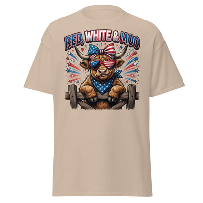 Red, White & Moo Highland Cow T-Shirt | Patriotic 4th of July Tee - Sand - TeeRipple
