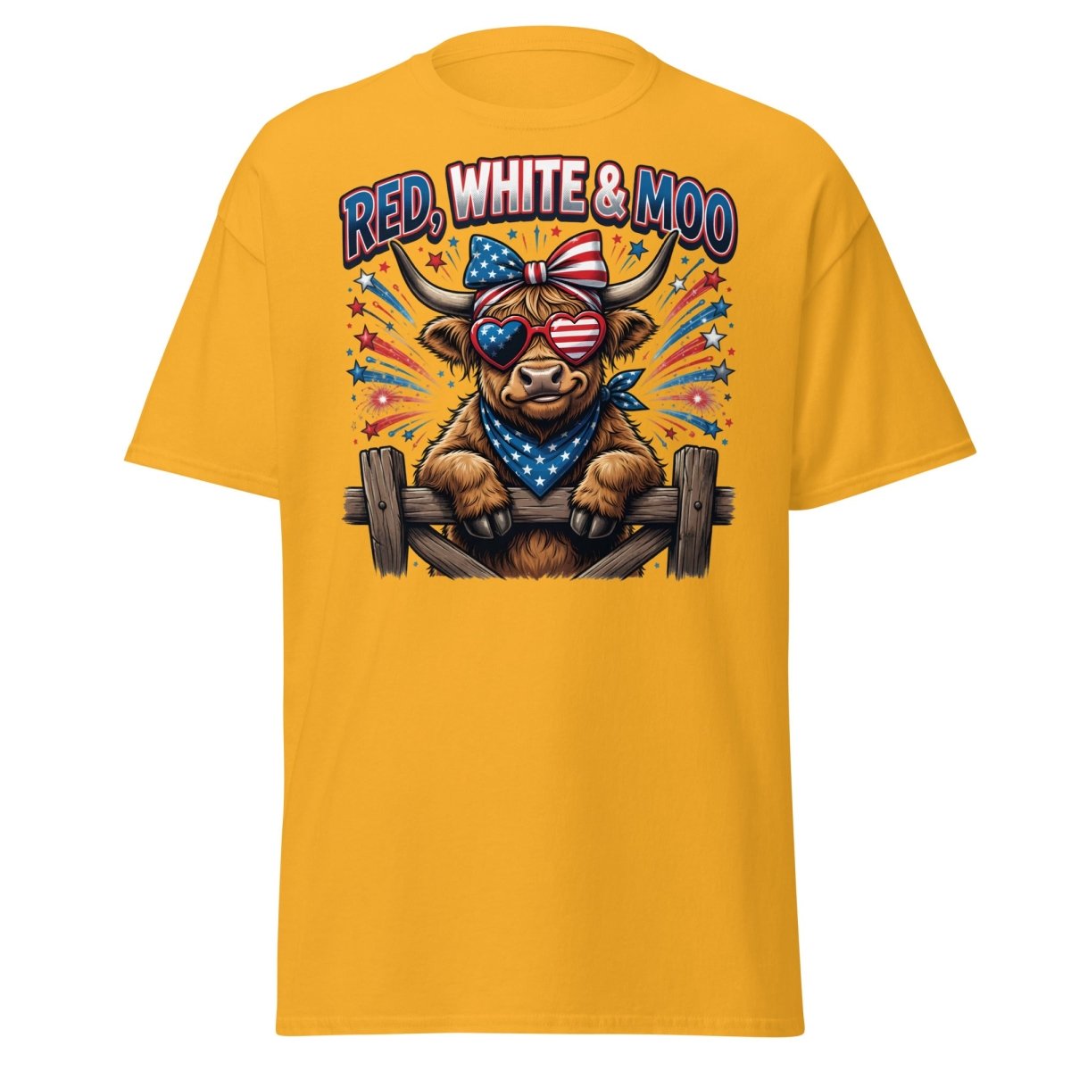 Red, White & Moo Highland Cow T-Shirt | Patriotic 4th of July Tee - Gold - TeeRipple