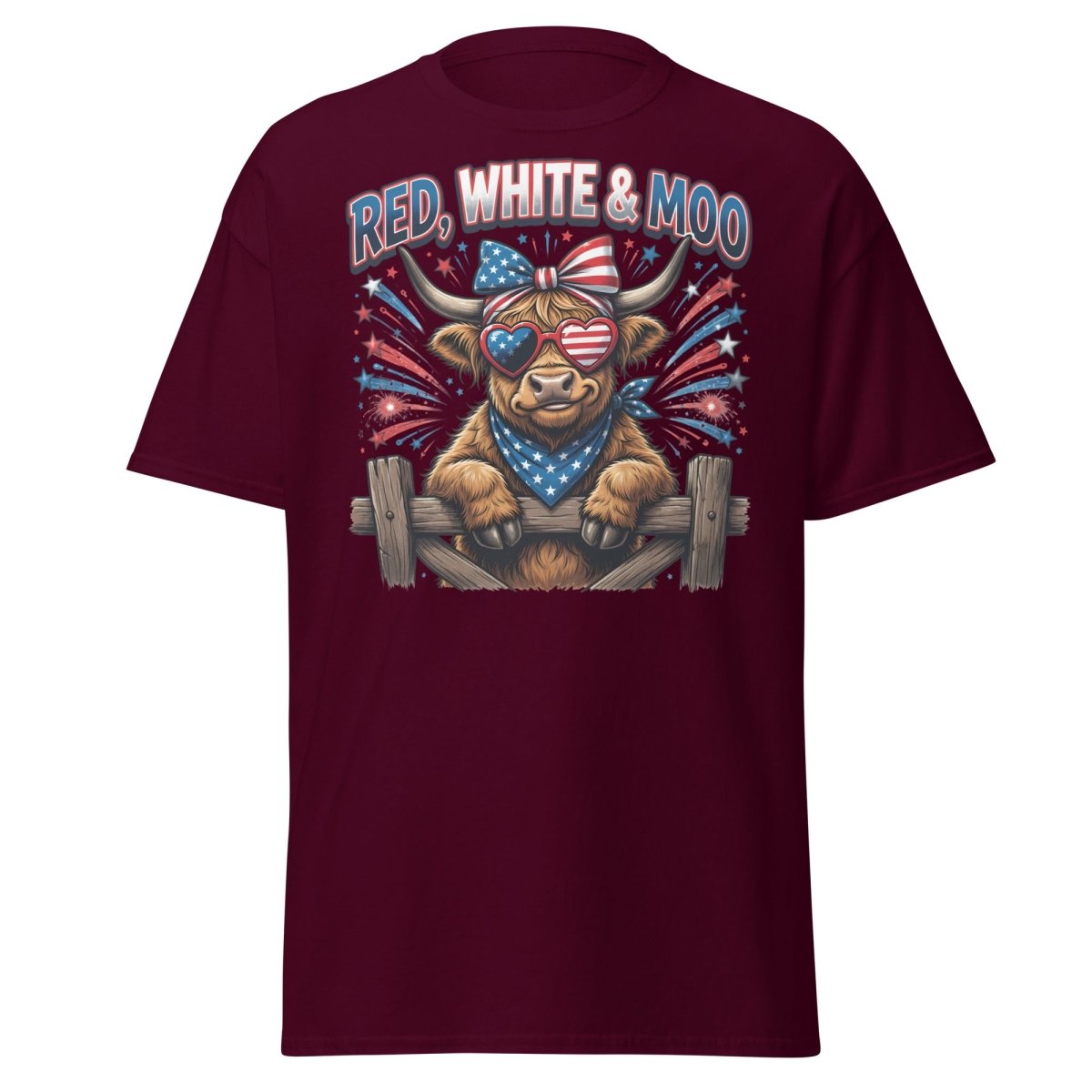 Red, White & Moo Highland Cow T-Shirt | Patriotic 4th of July Tee - Maroon - TeeRipple