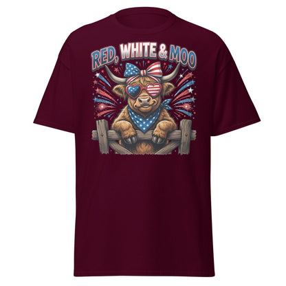 Red, White & Moo Highland Cow T-Shirt | Patriotic 4th of July Tee - Maroon - TeeRipple