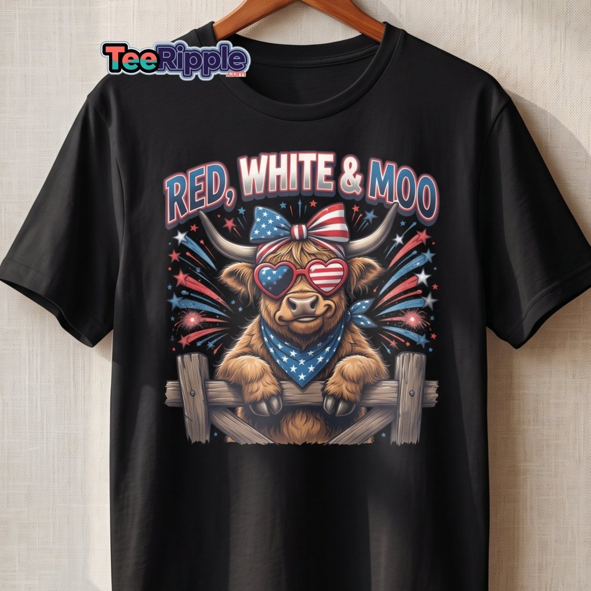 Red, White & Moo Highland Cow T-Shirt | Patriotic 4th of July Tee - Maroon - TeeRipple