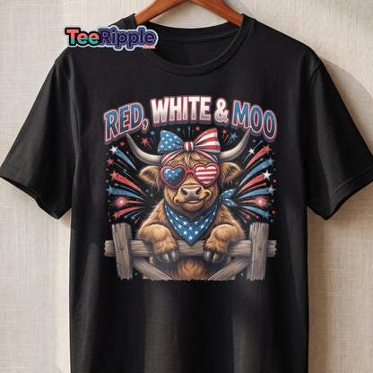 Red, White & Moo Highland Cow T-Shirt | Patriotic 4th of July Tee - Maroon - TeeRipple