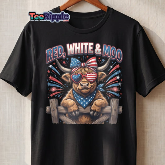 Red, White & Moo Highland Cow T-Shirt | Patriotic 4th of July Tee - Maroon - TeeRipple