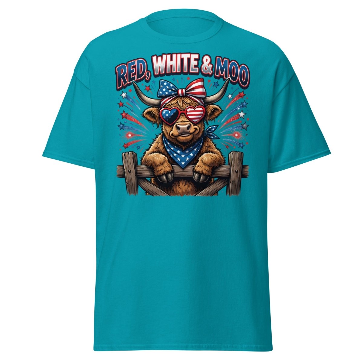 Red, White & Moo Highland Cow T-Shirt | Patriotic 4th of July Tee - Tropical Blue - TeeRipple