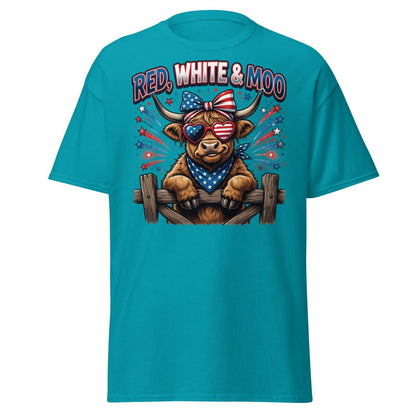 Red, White & Moo Highland Cow T-Shirt | Patriotic 4th of July Tee - Tropical Blue - TeeRipple