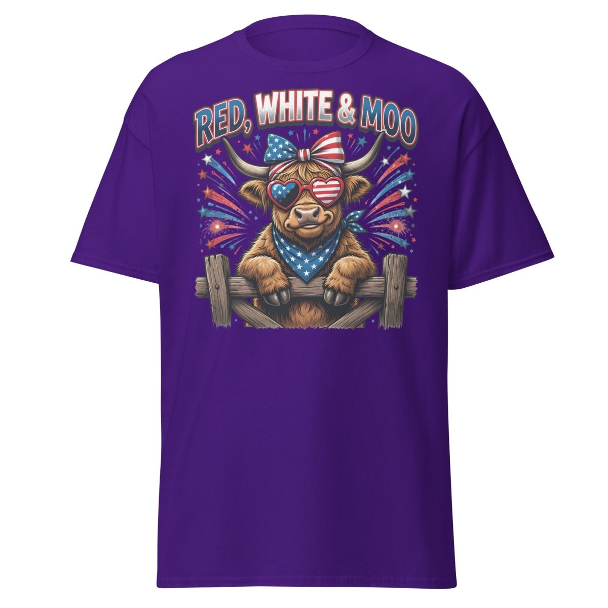 Red, White & Moo Highland Cow T-Shirt | Patriotic 4th of July Tee - Purple - TeeRipple