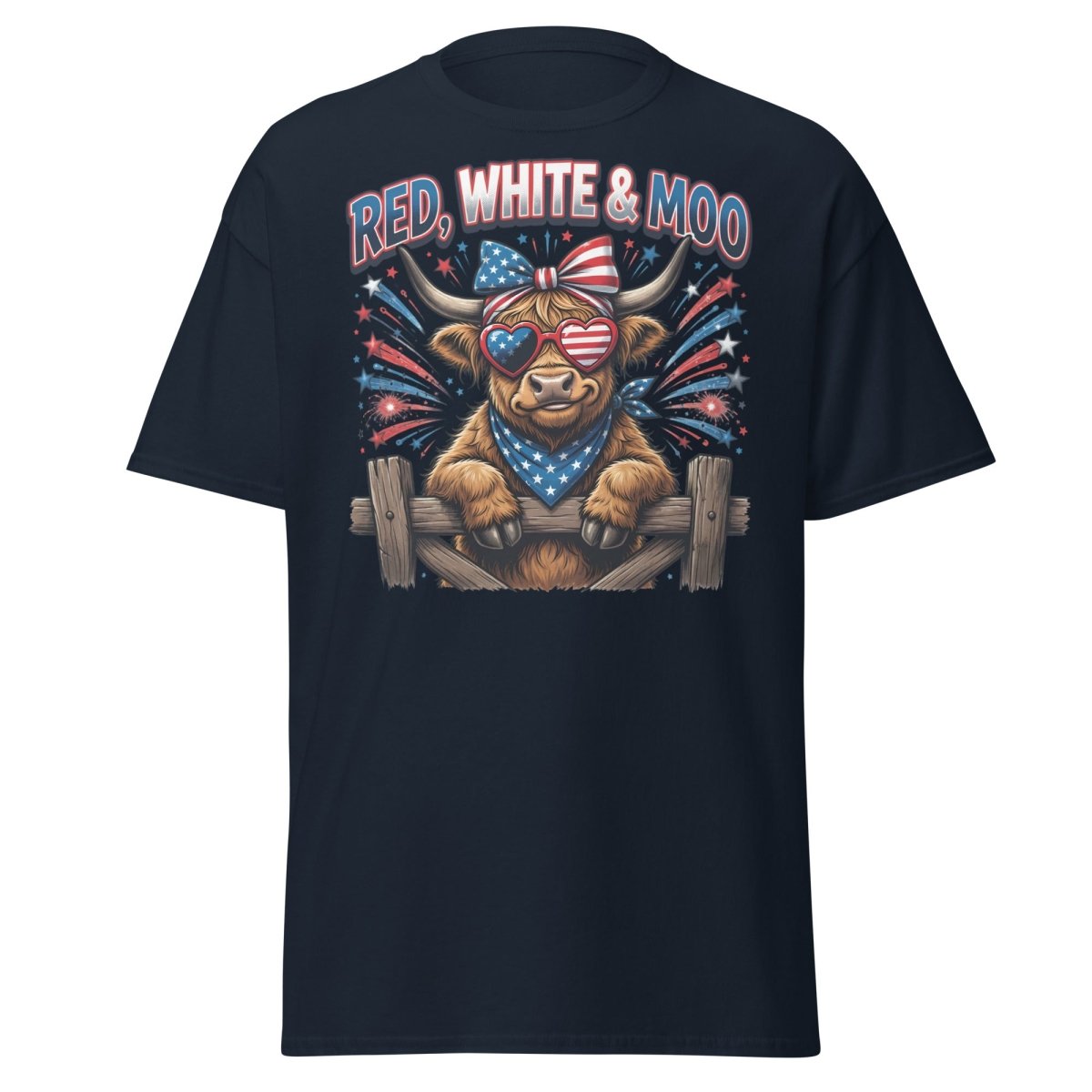 Red, White & Moo Highland Cow T-Shirt | Patriotic 4th of July Tee - Navy - TeeRipple