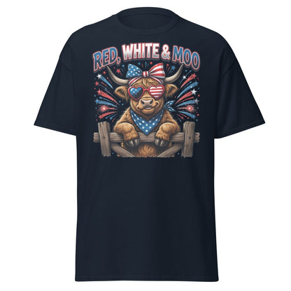Red, White & Moo Highland Cow T-Shirt | Patriotic 4th of July Tee - Navy - TeeRipple