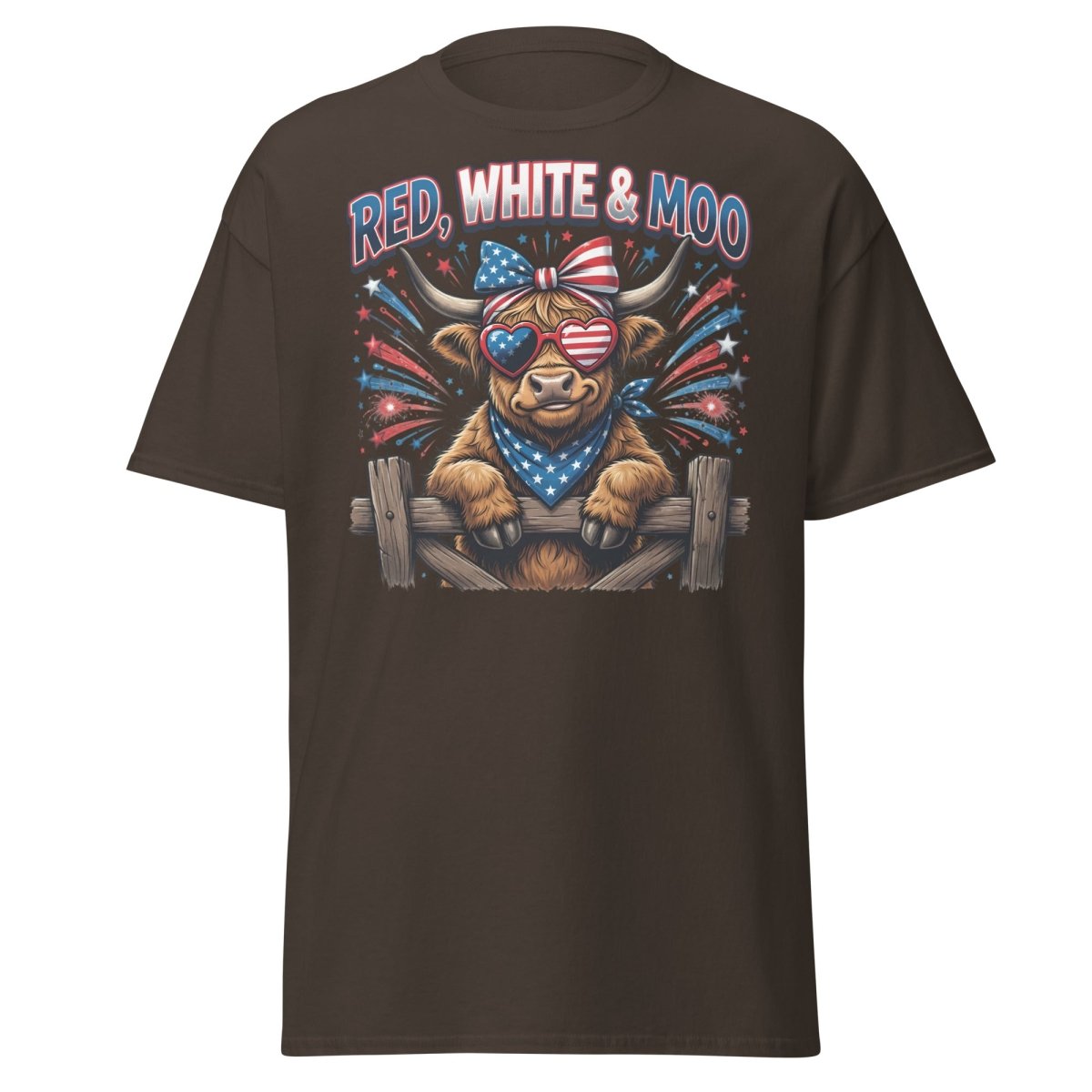 Red, White & Moo Highland Cow T-Shirt | Patriotic 4th of July Tee - Dark Chocolate - TeeRipple