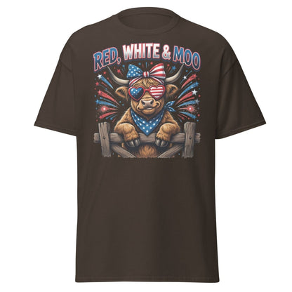 Red, White & Moo Highland Cow T-Shirt | Patriotic 4th of July Tee - Dark Chocolate - TeeRipple