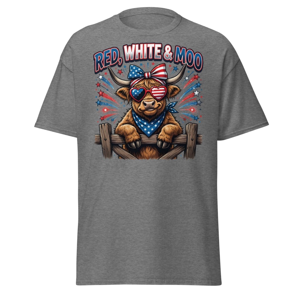 Red, White & Moo Highland Cow T-Shirt | Patriotic 4th of July Tee - Graphite Heather - TeeRipple