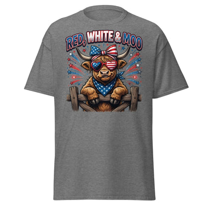 Red, White & Moo Highland Cow T-Shirt | Patriotic 4th of July Tee - Graphite Heather - TeeRipple