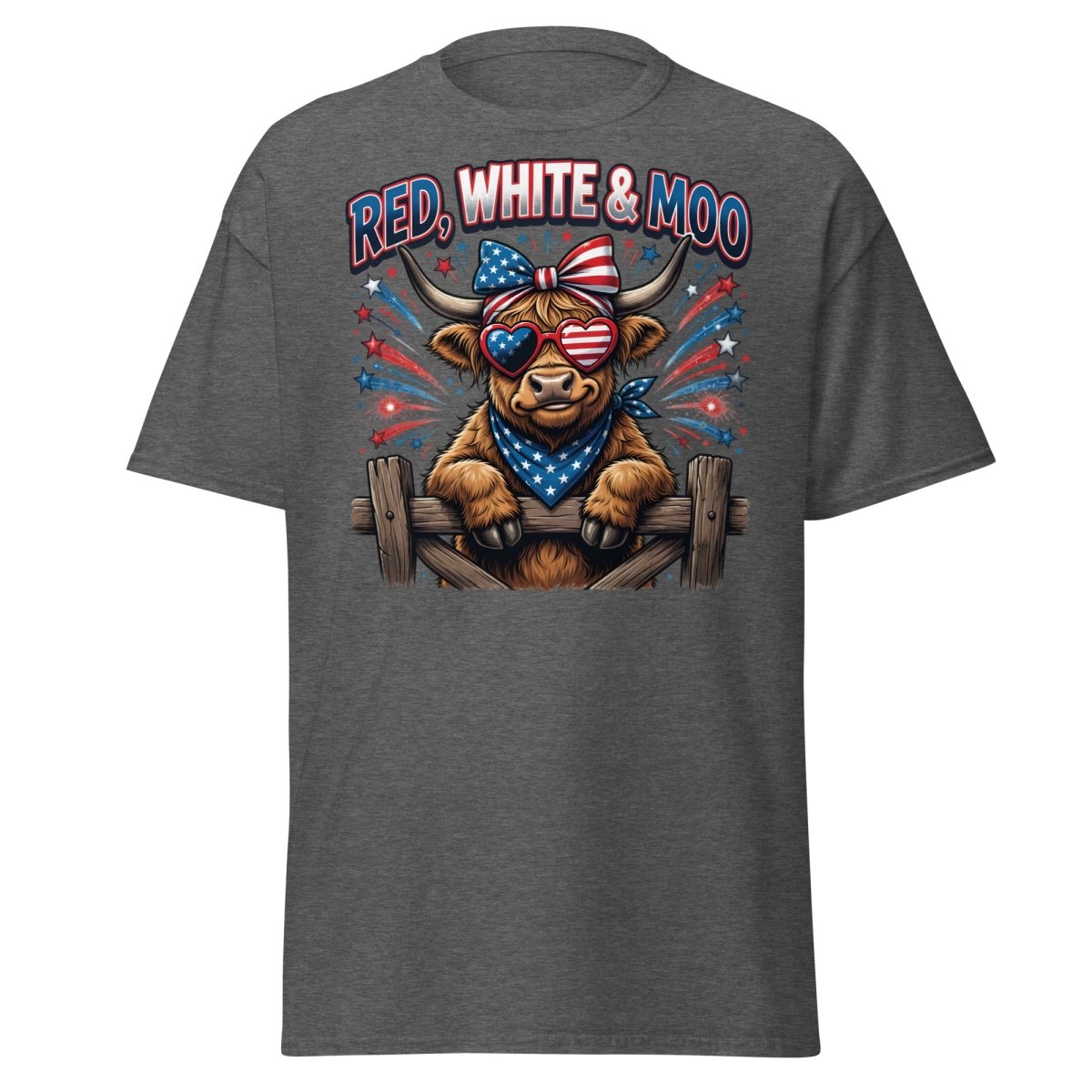 Red, White & Moo Highland Cow T-Shirt | Patriotic 4th of July Tee - Dark Heather - TeeRipple