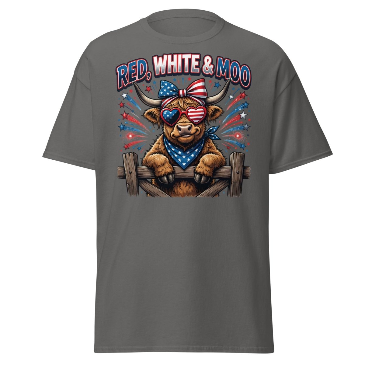 Red, White & Moo Highland Cow T-Shirt | Patriotic 4th of July Tee - Charcoal - TeeRipple