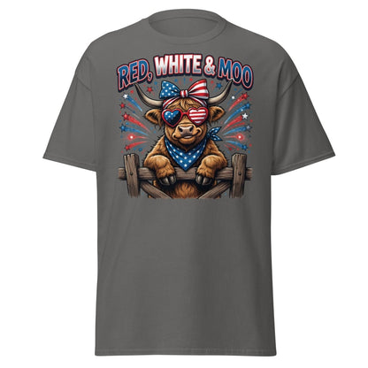 Red, White & Moo Highland Cow T-Shirt | Patriotic 4th of July Tee - Charcoal - TeeRipple
