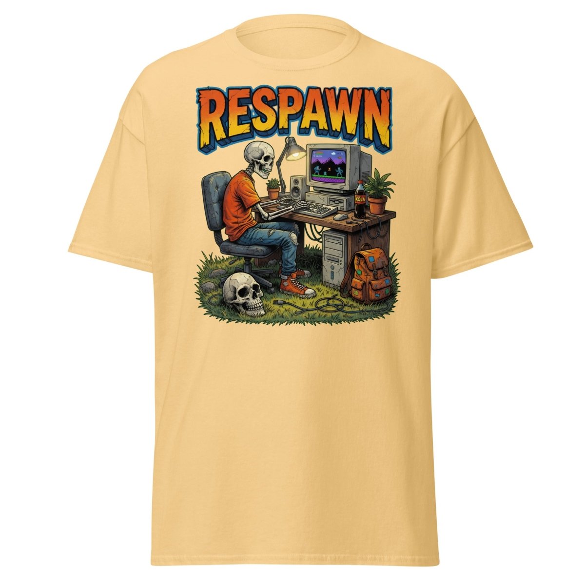Respawn Skeleton Gamer T-Shirt – Retro 90s Gaming Tee - Yellow Haze - TeeRipple