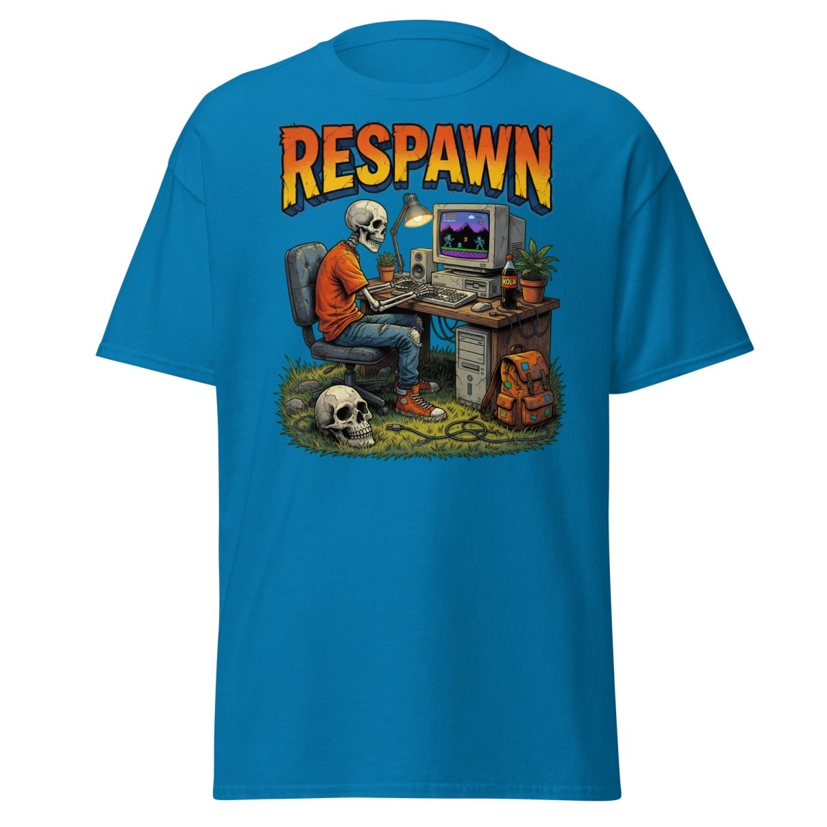 Respawn Skeleton Gamer T-Shirt – Retro 90s Gaming Tee - Sapphire - TeeRipple