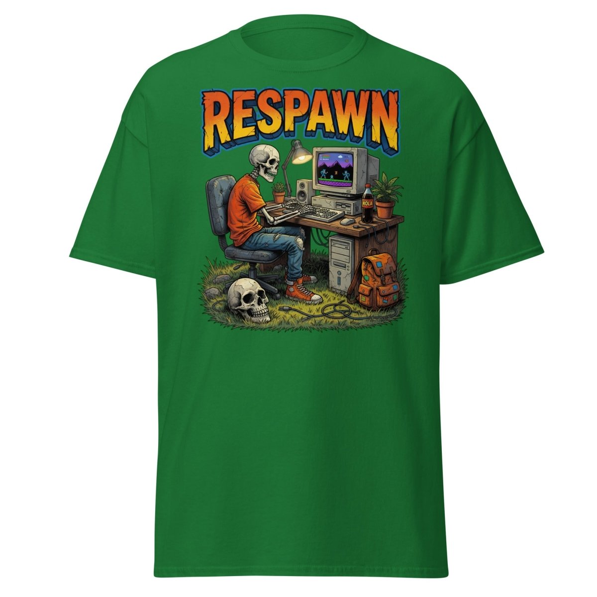 Respawn Skeleton Gamer T-Shirt – Retro 90s Gaming Tee - Turf Green - TeeRipple