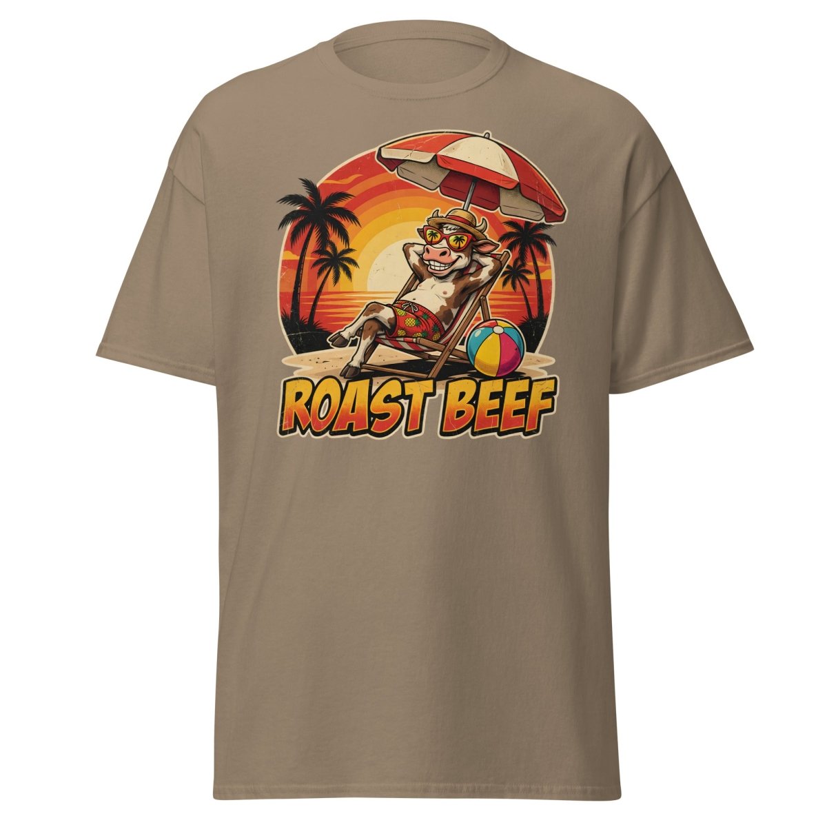 Roast Beef Funny Cow Beach T-Shirt - Humorous Summer Tee - Brown Savana - TeeRipple