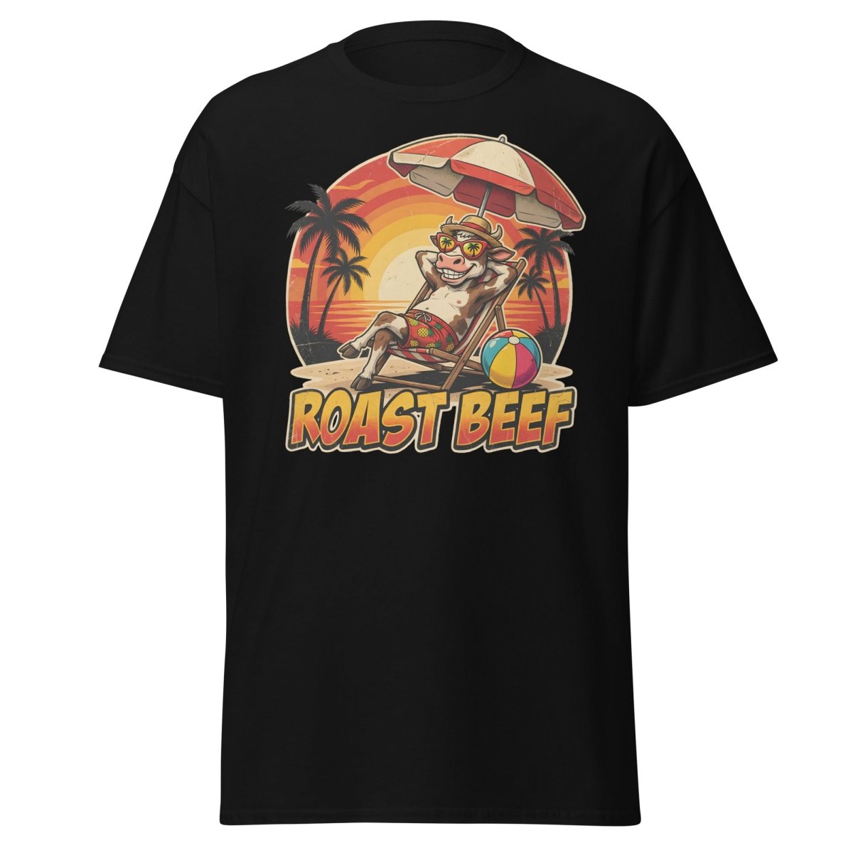 Roast Beef Funny Cow Beach T-Shirt - Humorous Summer Tee - Black - TeeRipple