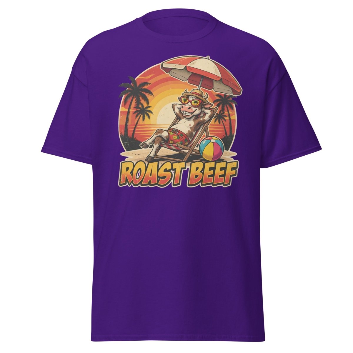 Roast Beef Funny Cow Beach T-Shirt - Humorous Summer Tee - Purple - TeeRipple