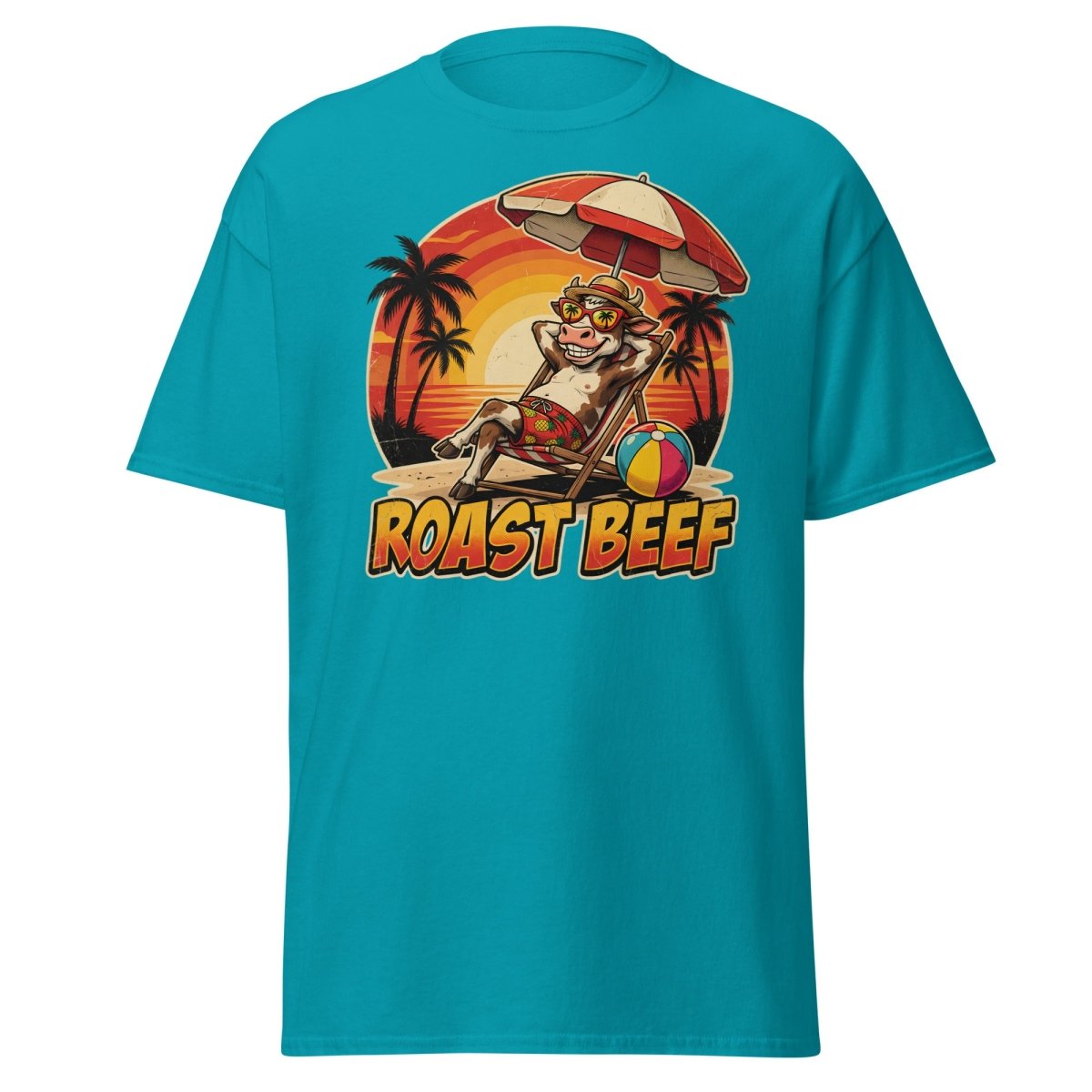 Roast Beef Funny Cow Beach T-Shirt - Humorous Summer Tee - Tropical Blue - TeeRipple