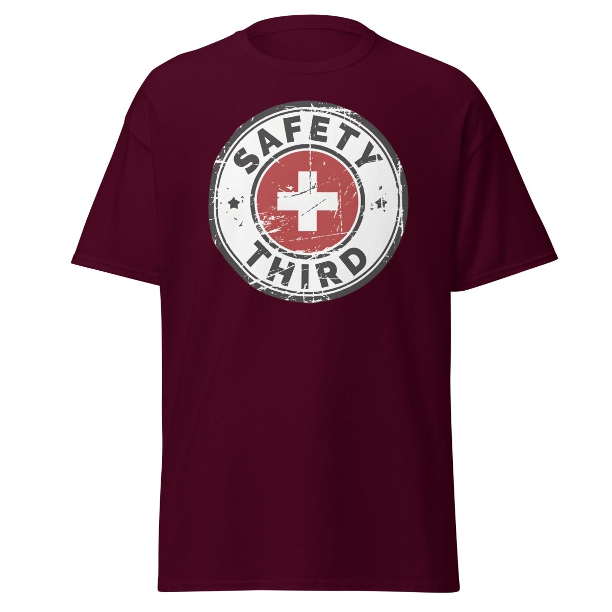 Safety Third T-Shirt - Funny Safety First Parody Tee - Maroon - TeeRipple