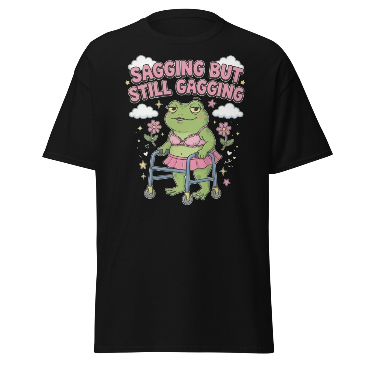 Sagging But Still Gagging Frog T-Shirt | Funny Adult Humor Tee - Black - TeeRipple