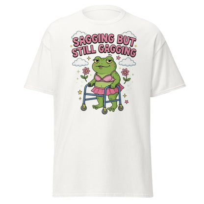 Sagging But Still Gagging Frog T-Shirt | Funny Adult Humor Tee - White - TeeRipple