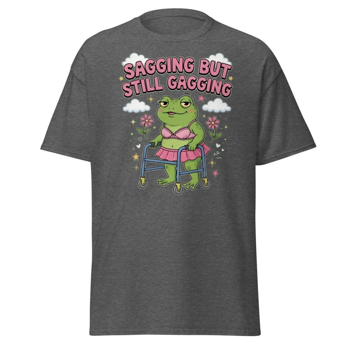 Sagging But Still Gagging Frog T-Shirt | Funny Adult Humor Tee - Dark Heather - TeeRipple
