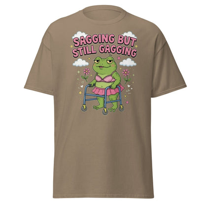 Sagging But Still Gagging Frog T-Shirt | Funny Adult Humor Tee - Brown Savana - TeeRipple