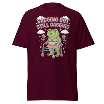 Sagging But Still Gagging Frog T-Shirt | Funny Adult Humor Tee - Maroon - TeeRipple