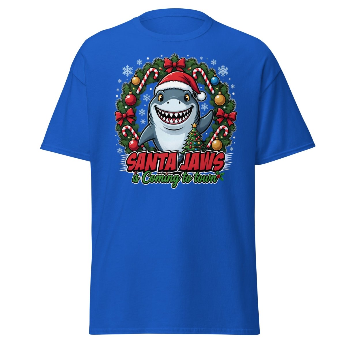 Santa Jaws Christmas Shark T-Shirt - Funny Holiday Tee - Royal - TeeRipple
