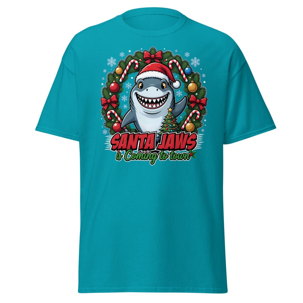 Santa Jaws Christmas Shark T-Shirt - Funny Holiday Tee - Tropical Blue - TeeRipple