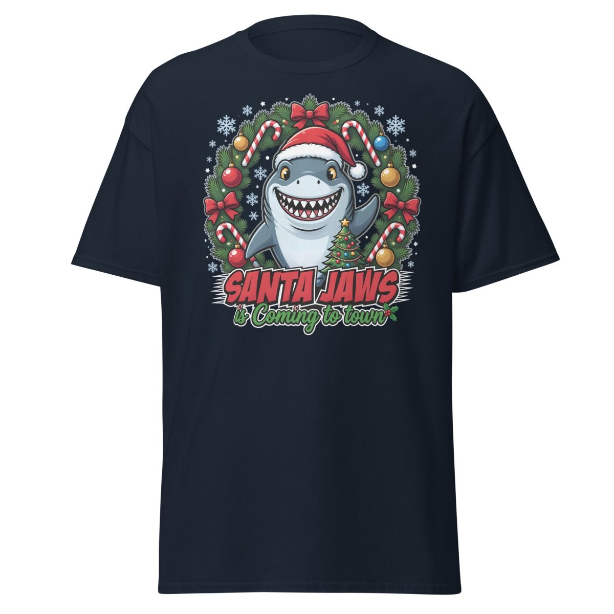 Santa Jaws Christmas Shark T-Shirt - Funny Holiday Tee - Navy - TeeRipple
