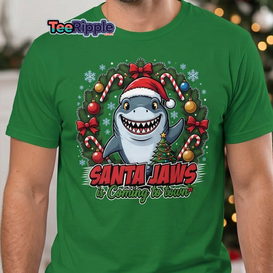 Santa Jaws Christmas Shark T-Shirt - Funny Holiday Tee - Maroon - TeeRipple