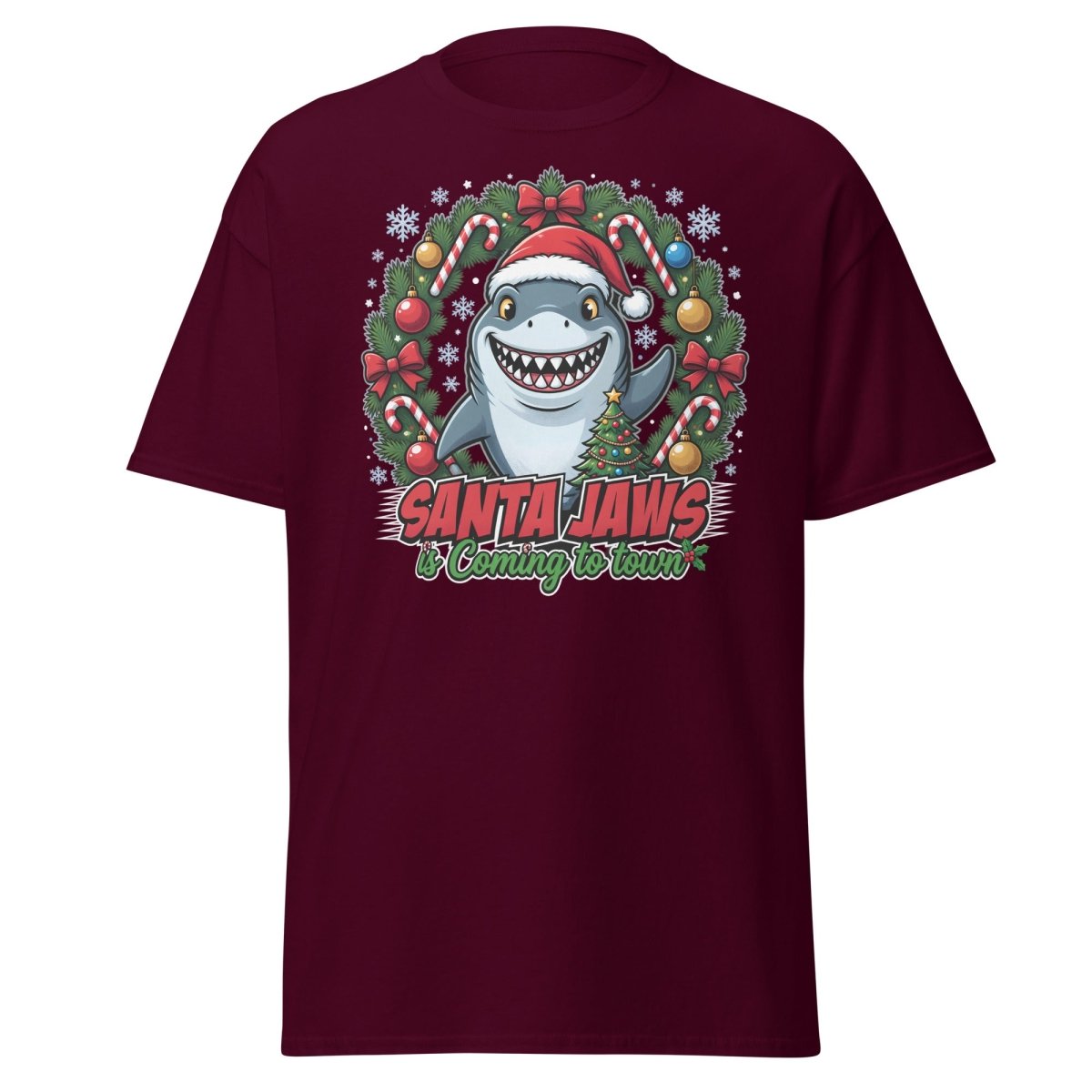 Santa Jaws Christmas Shark T-Shirt - Funny Holiday Tee - Maroon - TeeRipple