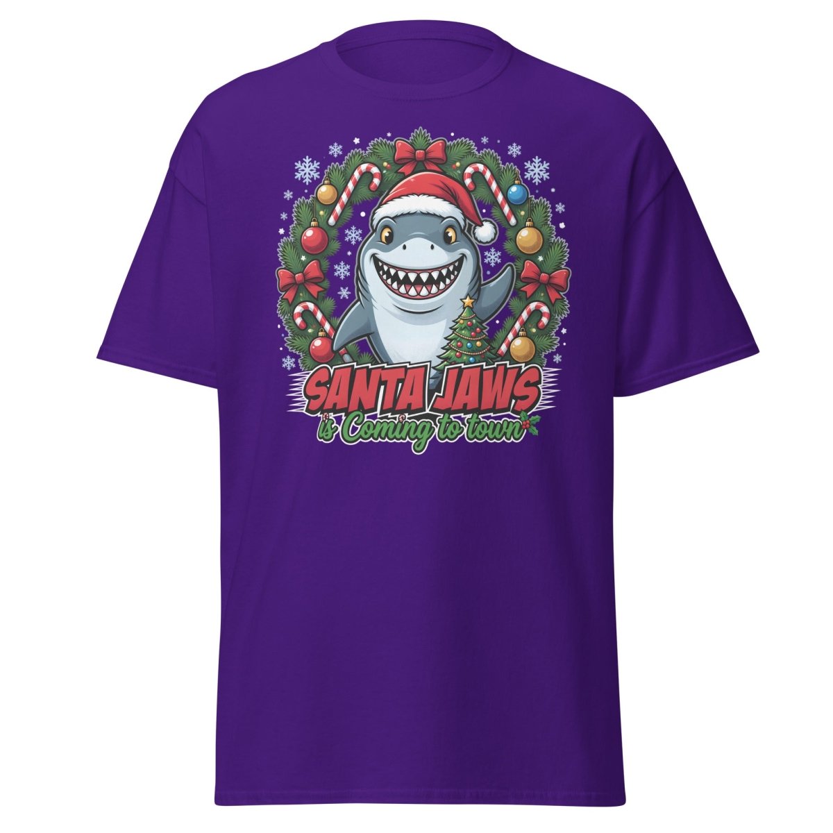 Santa Jaws Christmas Shark T-Shirt - Funny Holiday Tee - Purple - TeeRipple