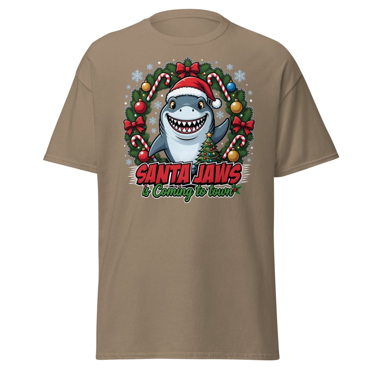 Santa Jaws Christmas Shark T-Shirt - Funny Holiday Tee - Brown Savana - TeeRipple