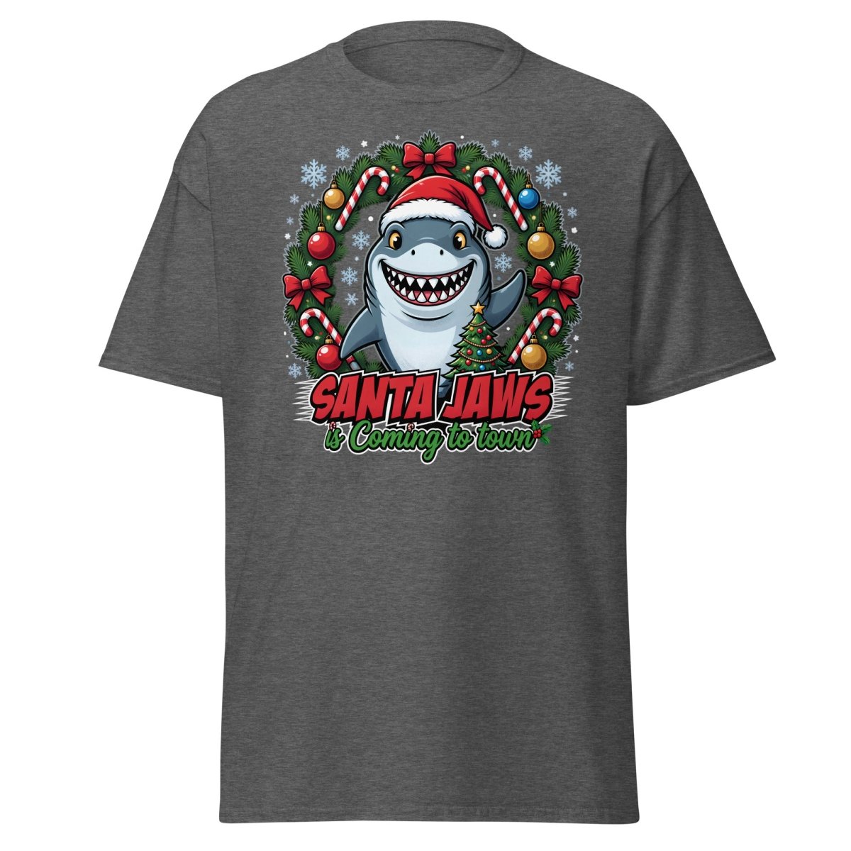 Santa Jaws Christmas Shark T-Shirt - Funny Holiday Tee - Dark Heather - TeeRipple